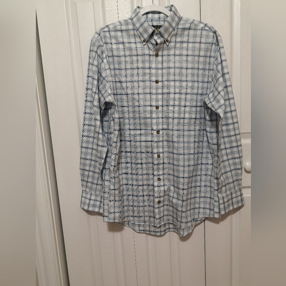 Cabela's White, Blue/Grey Plaid Button Down Shirt Size M/Tall